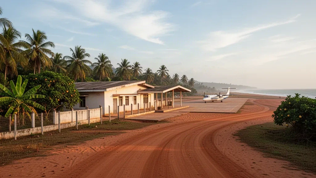 Madagaskar'ın doğu kıyısında, Mananjary Havalimanı'nın küçük tropikal terminal binasının ve palmiye ağaçlarıyla çevrili giriş yolunun altın saat görünümü
