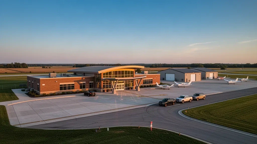Terminal de faible hauteur et aire de stationnement à l'aéroport municipal de Marion dans l'Ohio à l'heure dorée, avec de petits avions légers stationnés et un ciel dégagé