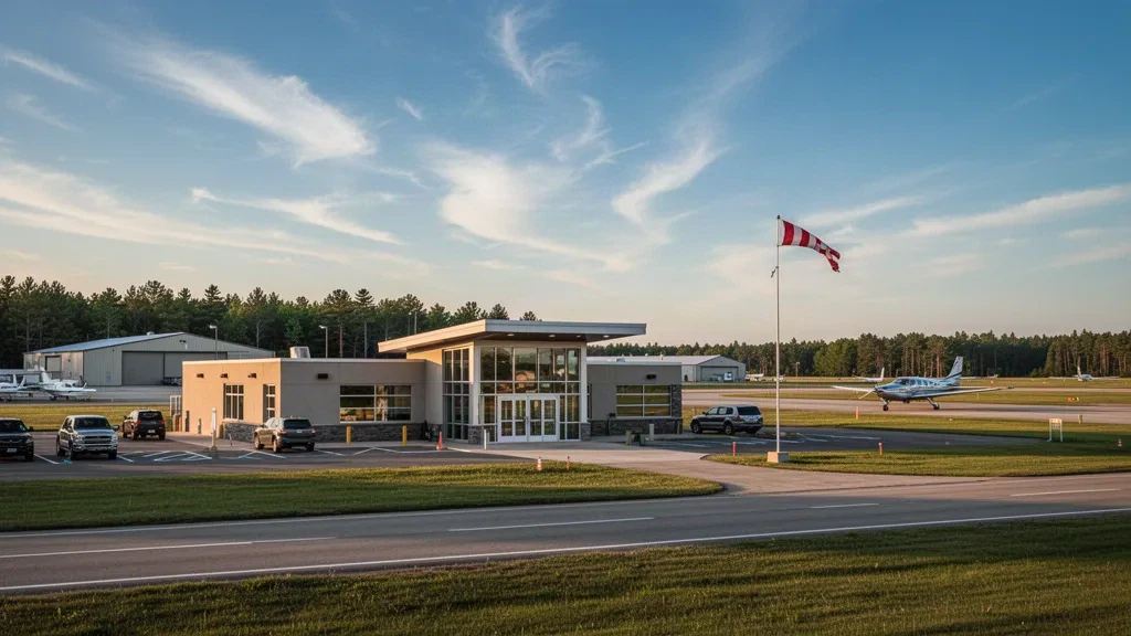 Kleines regionales Terminal und Startbahn am Menominee-Marinette Twin County Airport in Michigan zur goldenen Stunde, mit grasbewachsenen Feldern und abgestellten Flugzeugen.