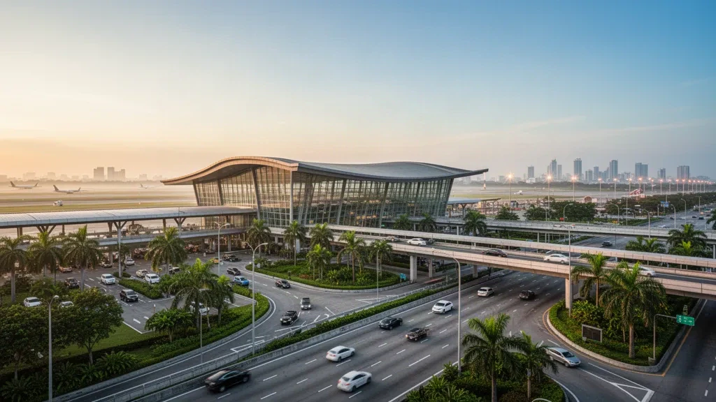 Modernes Terminalgebäude und Abholspuren am Ninoy Aquino International Airport in Manila, in goldenes Abendlicht getaucht und mit ruhiger Reiseatmosphäre.