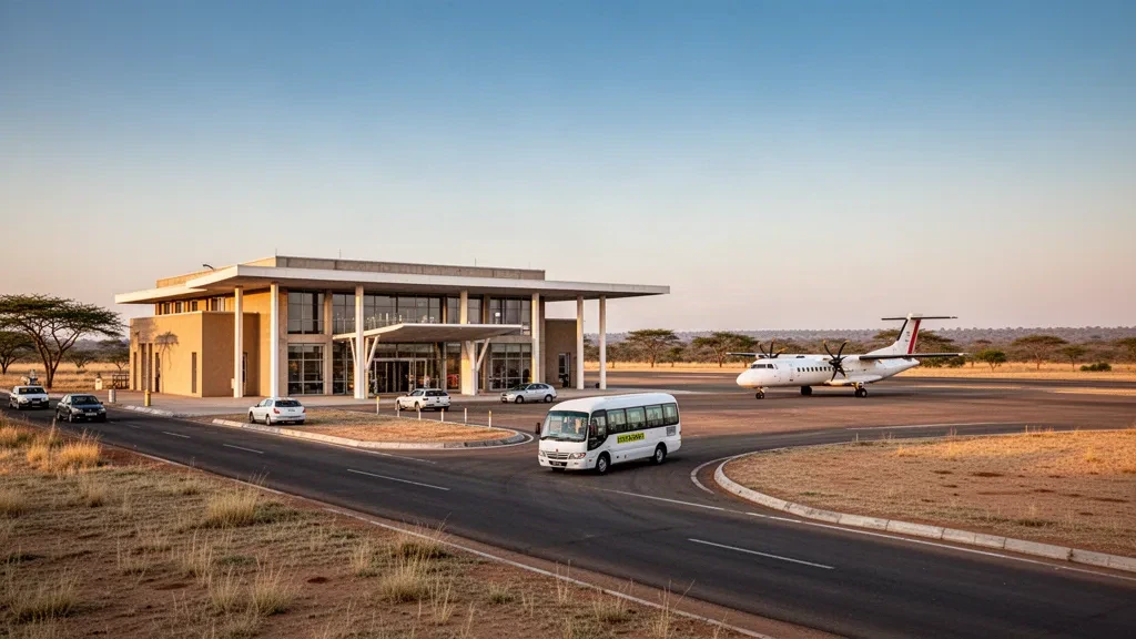 Entrada moderna de la terminal y carril de descenso en el aeropuerto de Mongu en Zambia bajo un cálido cielo de hora dorada