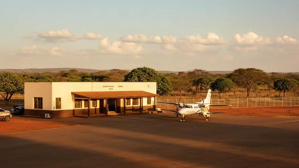 Petit terminal régional et tarmac à l'aéroport de Mansa, dans la province de Luapula en Zambie, sous une lumière chaude de fin d'après-midi