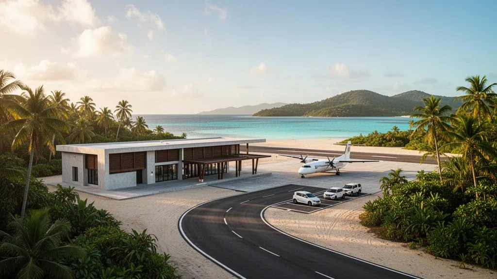 Tropisches Terminalgebäude, Start- und Landebahn und Turboprop-Flugzeug am Flughafen Maron Island in warmem Licht zur goldenen Stunde, umrahmt von Palmen