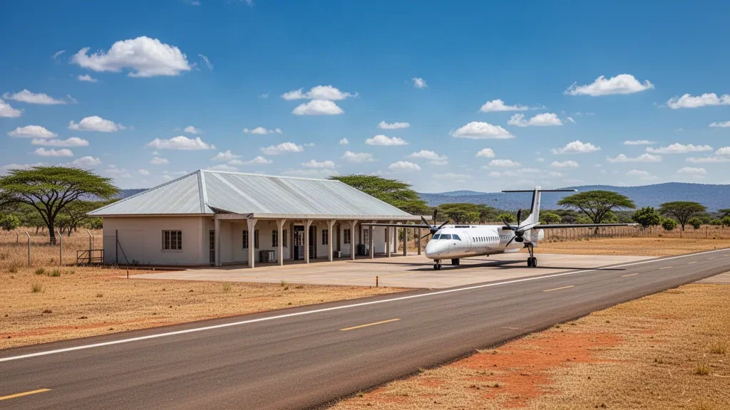 Terminal a un piano e piazzale pavimentato dell'aeroporto di Mansa, nella Provincia di Luapula in Zambia, sotto un cielo azzurro e luminoso