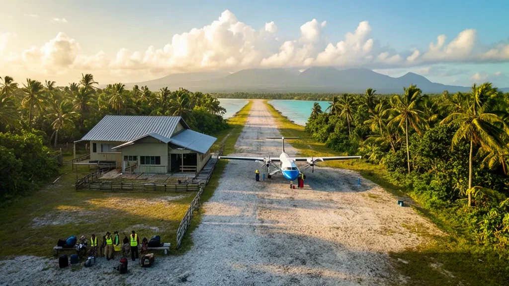 Piccola pista tropicale all'Aeroporto di Maron Island in Papua Nuova Guinea, con pista erbosa, foresta di palme, aereo di linea parcheggiato ed edificio terminal modesto.