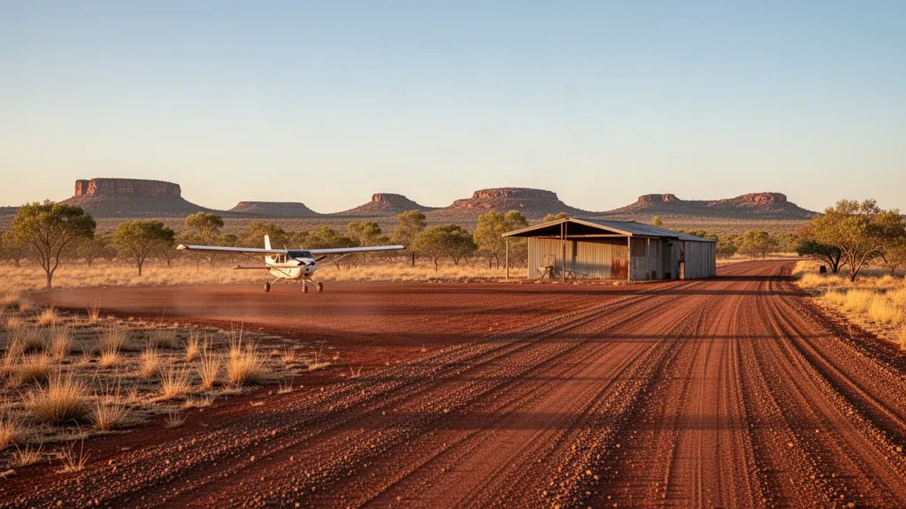 Remote outback airstrip in the Northern Territory at golden hour, with a red dirt runway, light aircraft and dry bushland at Macdonald Downs Airport.