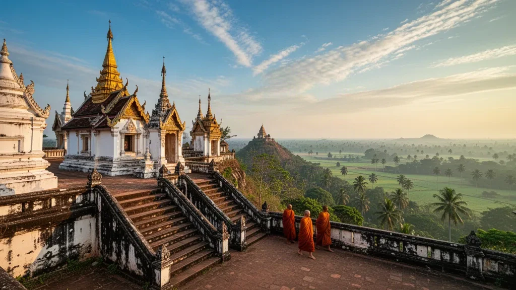 Stupas dorés et bâtiments de temple khmer au sommet du mont Oudong à Kandal, Cambodge, surplombant des plaines verdoyantes sous une lumière chaude d'après-midi.