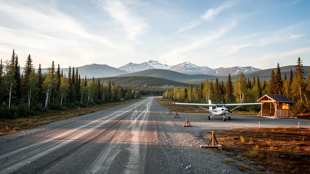 Alaska'daki Minto Al Wright Havaalanı'nda çakıl pist ve küçük bir hafif uçak, sıcak altın saat ışığı altında boreal ormanla çevrili