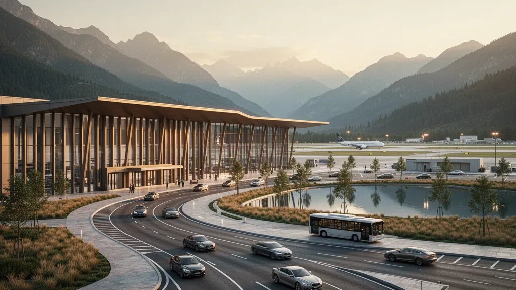 Modernes Glas-Check-in-Gebäude und geschwungene Zufahrtsstraße am Flughafen Mount Valley, umrahmt von bewaldeten Bergkämmen zur goldenen Stunde