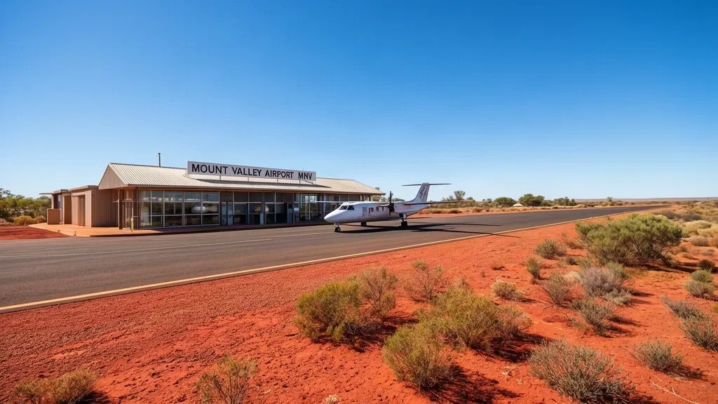 Außenansicht des Terminalgebäudes und der Start- und Landebahn des Flughafens Mount Valley MNV im australischen Outback mit einem kleinen geparkten Flugzeug.