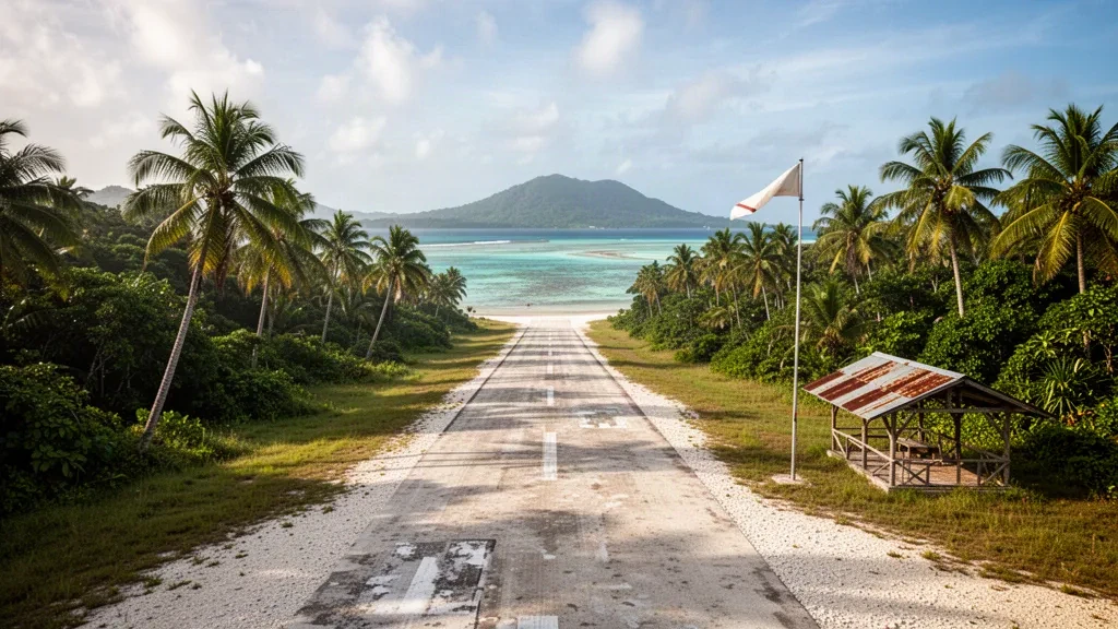 Tropical coral airstrip at Mono Airport on Stirling Island, Solomon Islands, bordered by palm forest and a turquoise lagoon