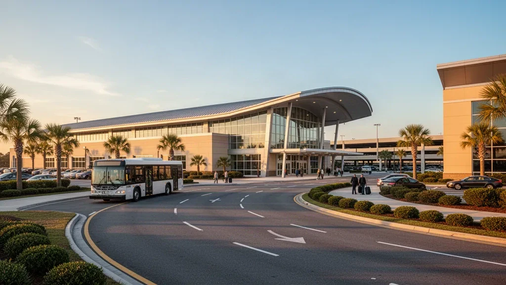 Esterno moderno del terminal in vetro dell'Aeroporto Mobile Regional con corsie di sosta all'ora d'oro