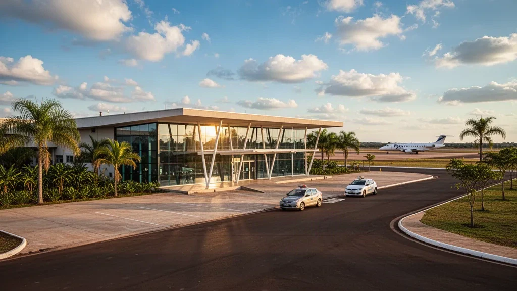 Modern glass terminal exterior and drop-off lane at Mário Ribeiro Airport in Montes Claros, Minas Gerais, in warm golden-hour light