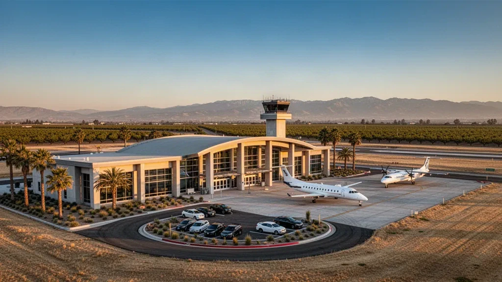 Modern terminal building, control tower and drop-off lanes at Modesto City-County Airport in warm California evening light