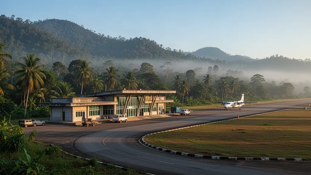 Pequeña terminal regional y colinas tropicales en el aeropuerto de Momeik, en el estado de Shan, Myanmar, bajo una suave luz matutina