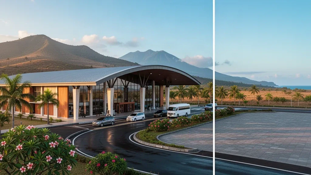Modernes tropisches Terminal und Vorfahrtspur am Frans Xavier Seda Airport in Maumere, Flores, bei warmem Licht am späten Nachmittag
