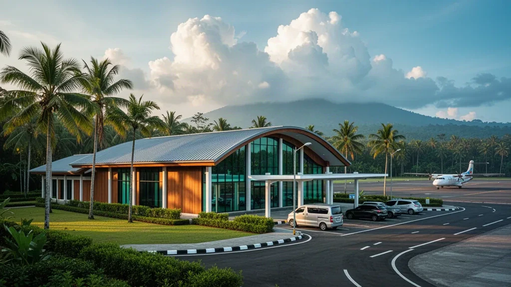 Esterno moderno del terminal dell'aeroporto di Maleo a Morowali, Sulawesi Centrale, con una corsia di sosta tropicale all'ora d'oro