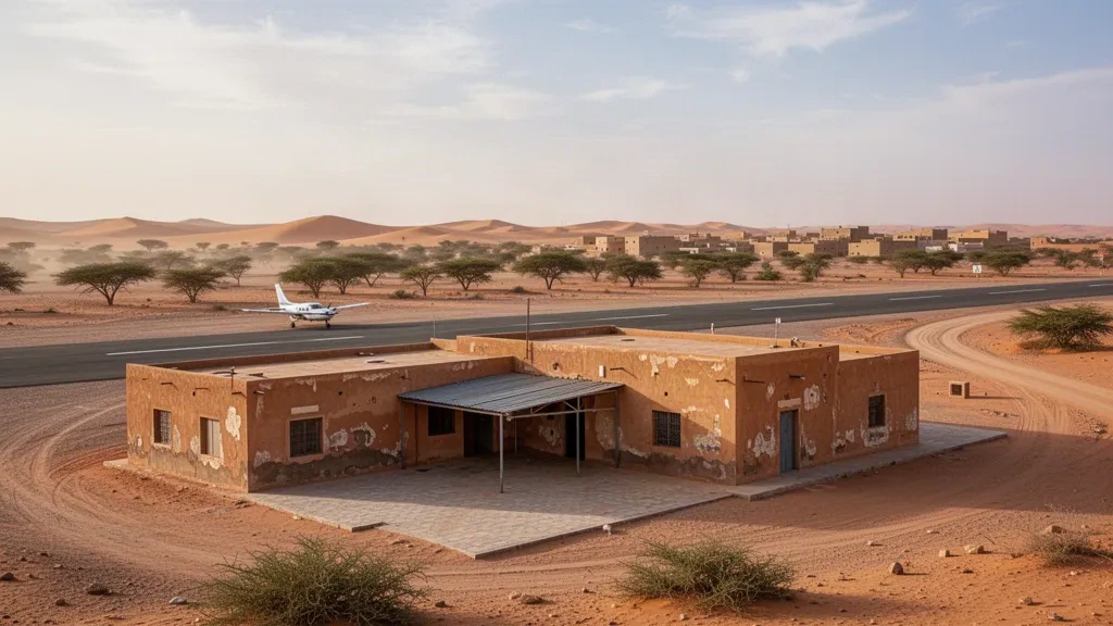 Low desert terminal building and narrow runway at Letfotar Airport near Moudjeria, Mauritania, under warm Sahelian afternoon light