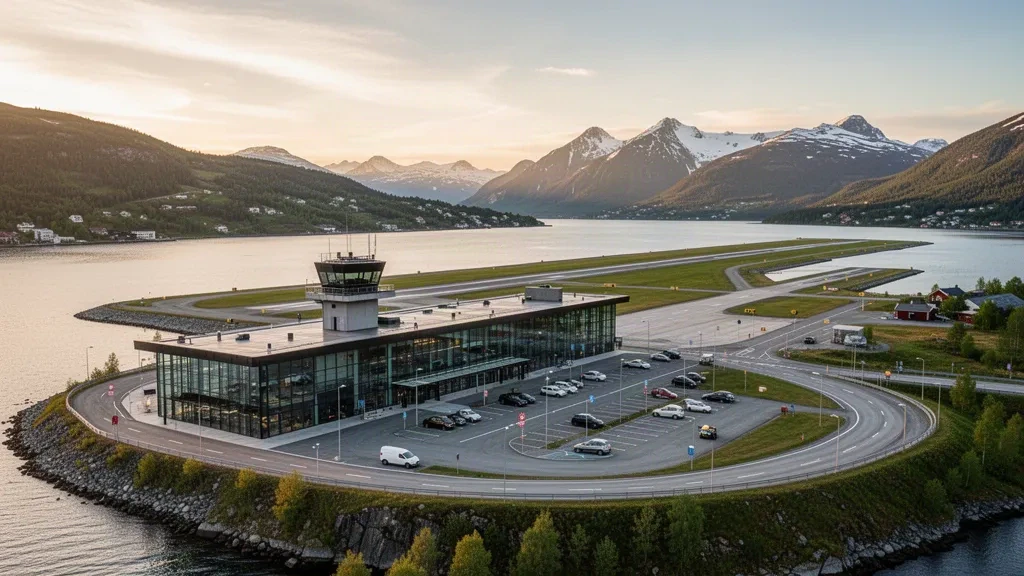 Edificio terminal moderno en el aeropuerto de Molde, Årø, con montañas y fiordo al fondo bajo una luz suave.
