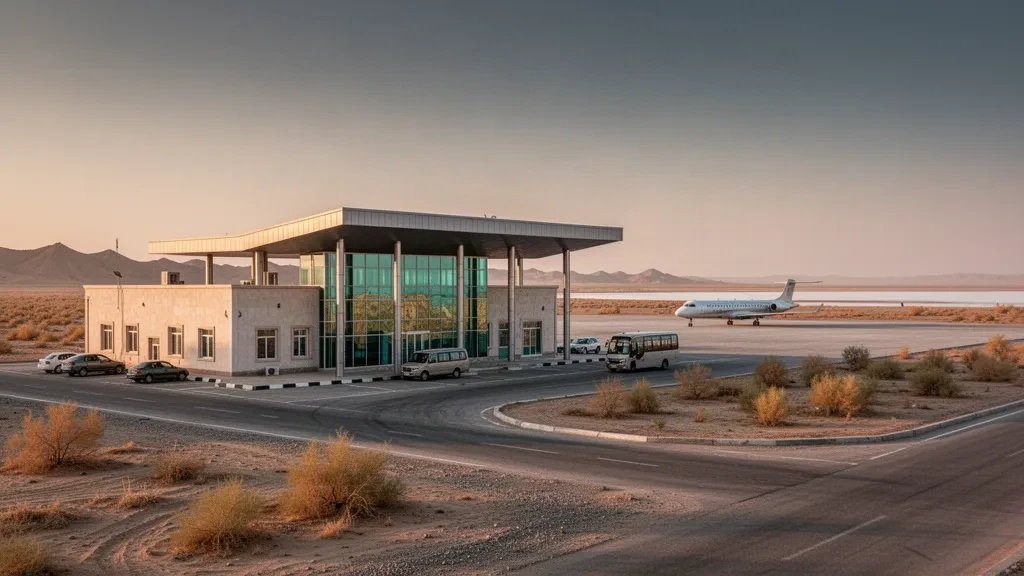 Özbekistan'ın Karakalpakstan bölgesindeki Muynak Havalimanı'nda, sıcak altın saat ışığı altındaki kurak bozkırda küçük bölgesel terminal
