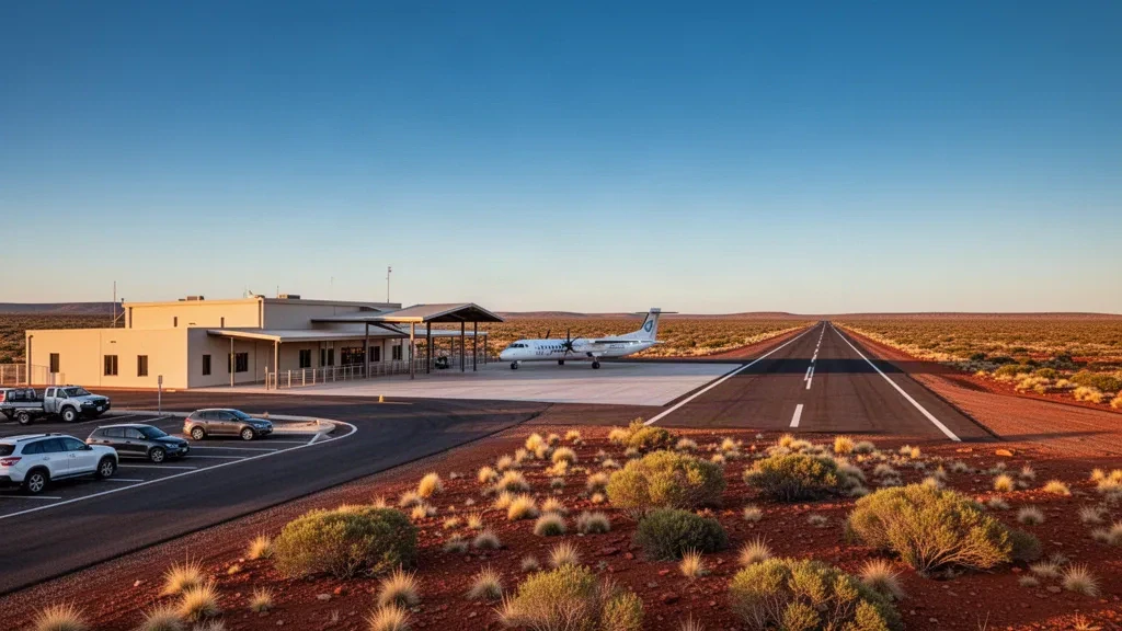 Terminal d'aéroport isolé de l'outback et piste scellée à Moomba, dans le désert d'Australie-Méridionale, avec un avion régional sur le tarmac sous un grand ciel bleu