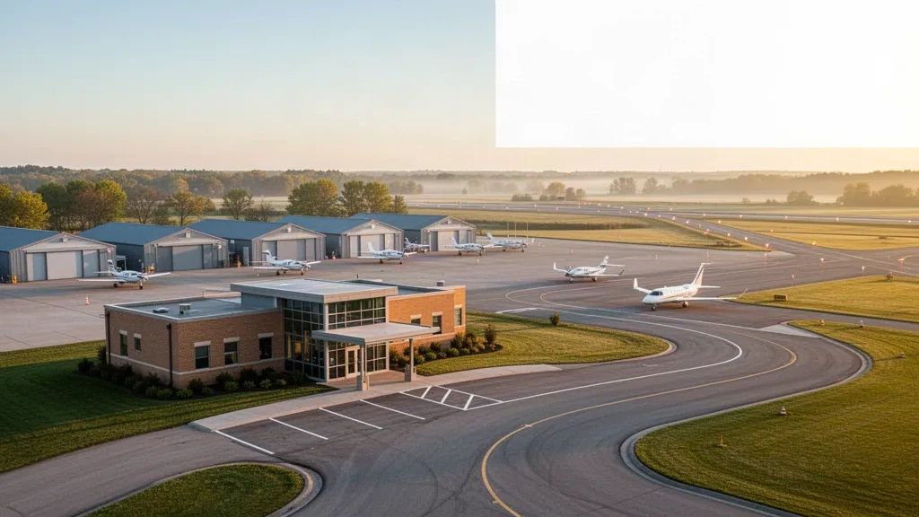 Michigan'daki Mount Pleasant Municipal Havalimanı'nda sıcak altın saat ışığı altında küçük genel havacılık terminali, hangarlar ve park etmiş uçaklar