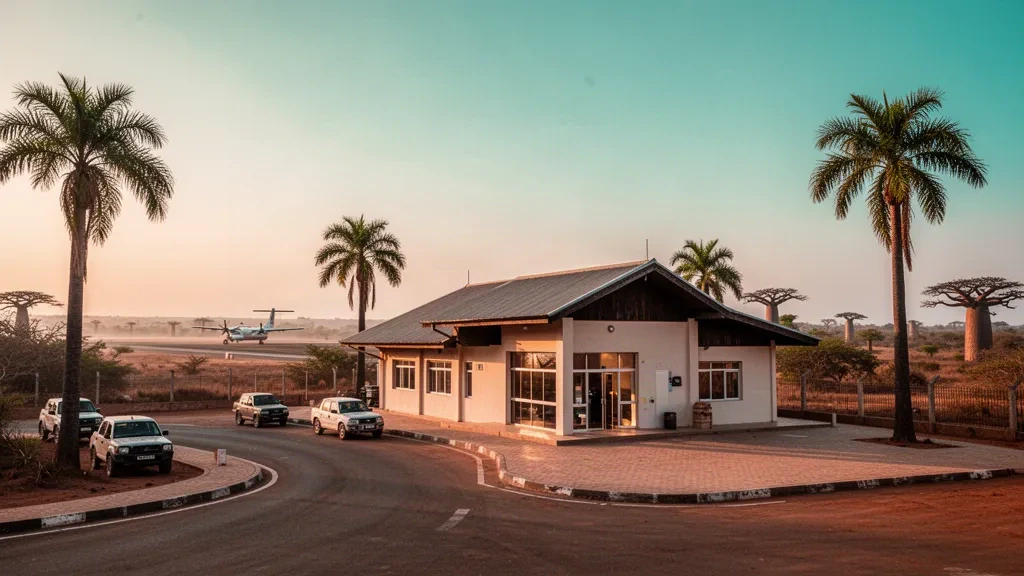 Edificio terminal bajo y carril de descenso en la acera del aeropuerto de Morondava en Madagascar bajo una cálida luz de finales de la tarde
