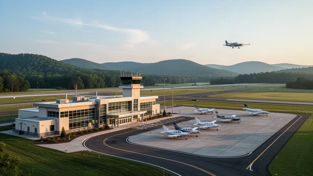 Außenansicht des Terminals des Morristown Regional Airport mit Start- und Landebahn und kleinen Flugzeugen im sanften Morgenlicht in Tennessee