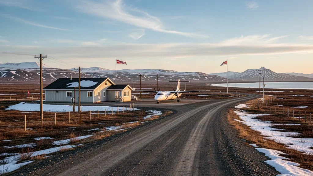 Gravel runway and small terminal at remote Mountain Village Airport in Alaska beneath a wide arctic sky