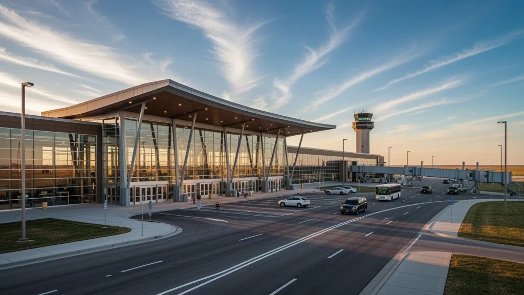 Extérieur moderne du terminal en verre et voies de dépose à l'aéroport international de Minot dans le Dakota du Nord sous une lumière d'heure dorée.
