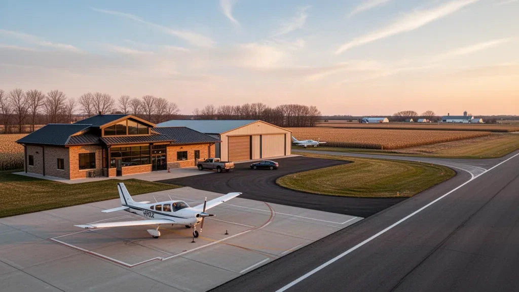Terminal de aviación general, hangares y plataforma de aeronaves en el Aeropuerto Municipal de Morris Charlie Schmidt Field en Minnesota durante la hora dorada