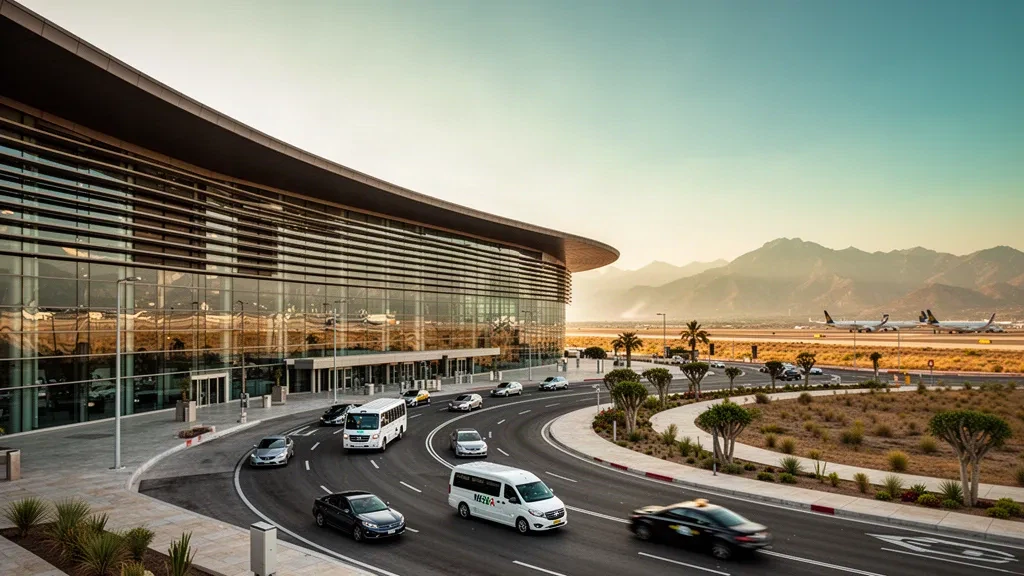 Modern glass airport terminal exterior in Monterrey at golden hour, with drop-off lanes, taxis and the Sierra Madre mountains behind