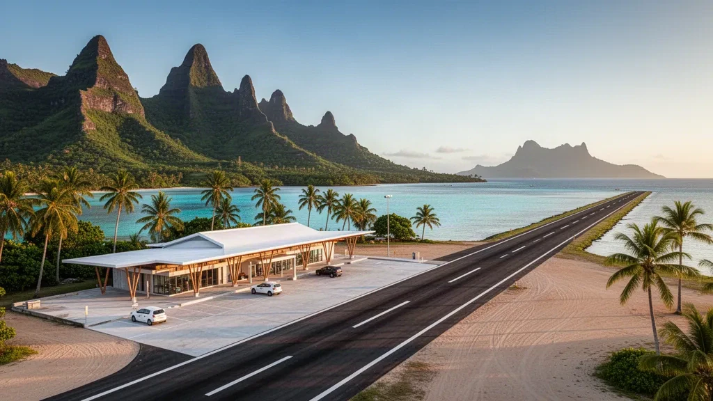 Terminal e pista dell'Aeroporto di Moorea Temae in ambiente tropicale accanto a una laguna turchese, con verdi cime vulcaniche sullo sfondo