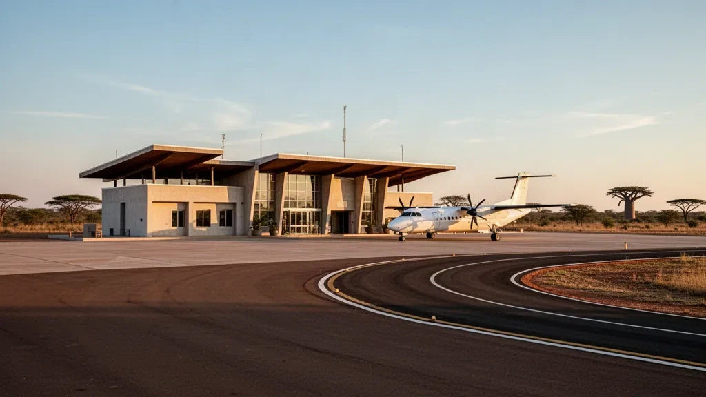 Terminal moderno e basso con un turboelica parcheggiato all'Aeroporto di Katima Mulilo nella Regione dello Zambesi in Namibia sotto una calda luce pomeridiana