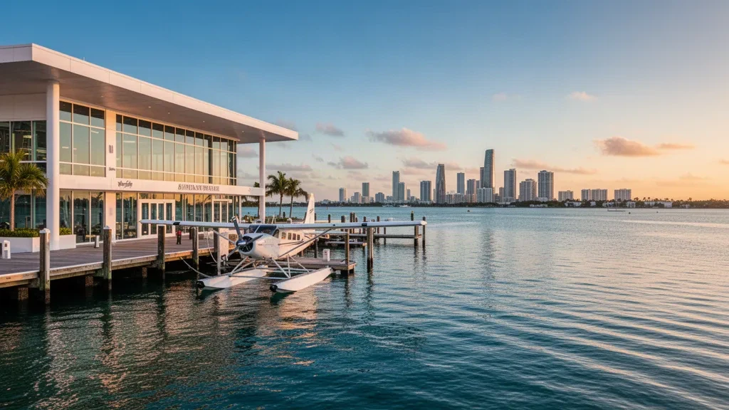 Un hydravion blanc amarré au dock de Miami Seaplane Base sur Watson Island, avec la skyline de Miami en arrière-plan à l'heure dorée.