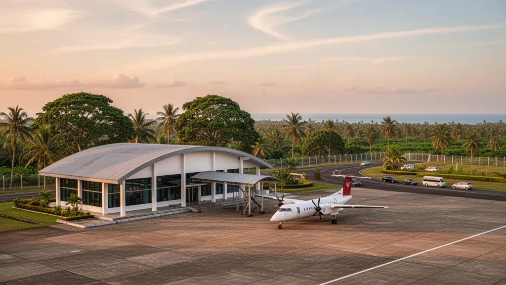 Tropisches Regionalflughafenterminal und Vorfeld mit einer parkenden Turboprop-Maschine zur goldenen Stunde in Mukomuko, Bengkulu, Sumatra