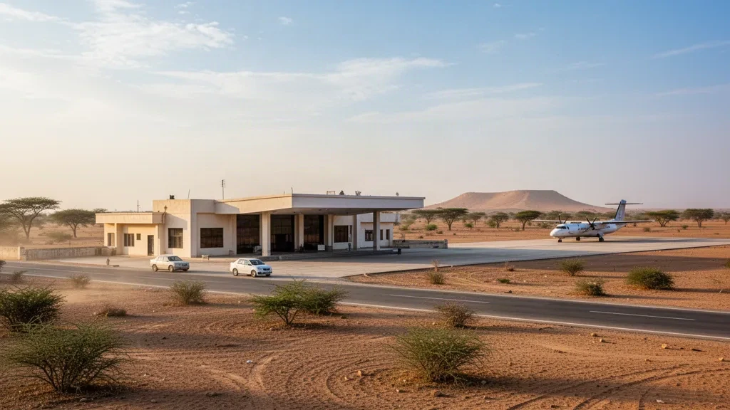 Sindh, Pakistan'daki Sindhri Tharparkar Havaalanı'nda alçak terminal binası, apron ve çöl çevresi, sıcak bir ikindiüstü ışığında