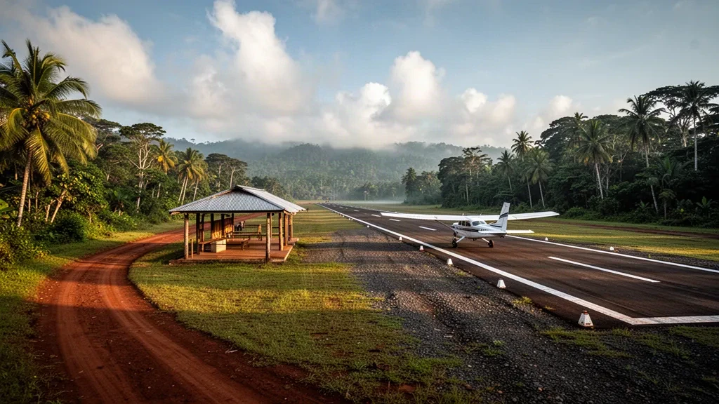 Abgelegene tropische Landebahn am Flughafen Makini in Papua-Neuguinea mit einem Leichtflugzeug auf dem Vorfeld und Regenwald dahinter