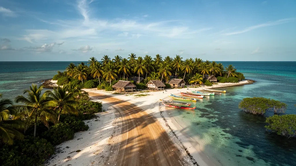 Small tropical island airstrip of Mamitupu Airport in Guna Yala, Panama, with palms, thatched huts and turquoise Caribbean water