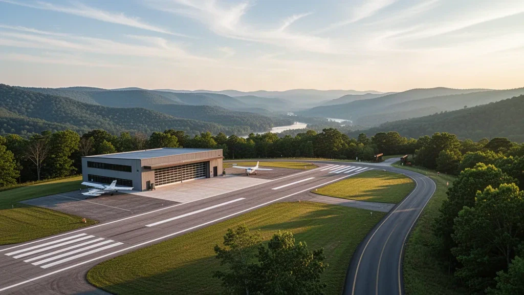 Leichtflugzeug und ein moderner Hangar neben der Start- und Landebahn am Petit Jean Park Airport auf einem bewaldeten Berg in Arkansas zur goldenen Stunde