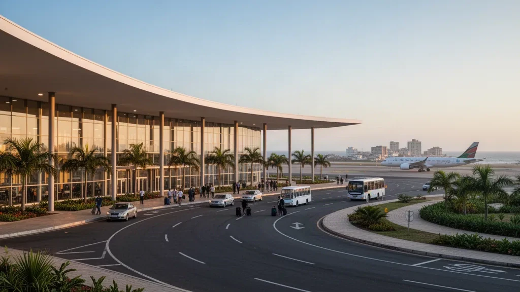 Modern white-roofed terminal exterior of Maputo International Airport in Mozambique with palm trees, drop-off lanes and golden-hour light