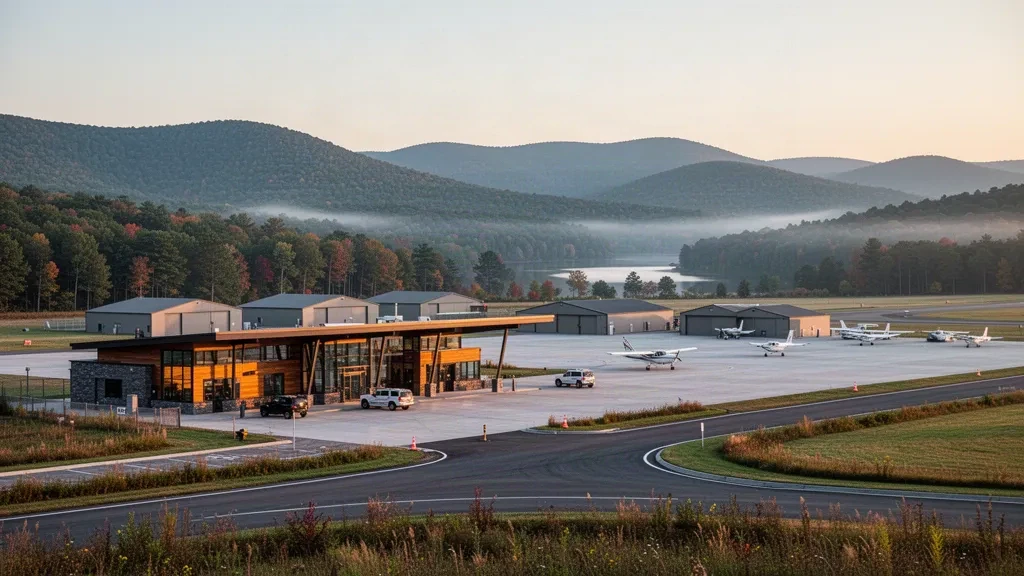 Small general aviation terminal and aircraft apron at Pocono Mountains Municipal Airport with forested ridges behind