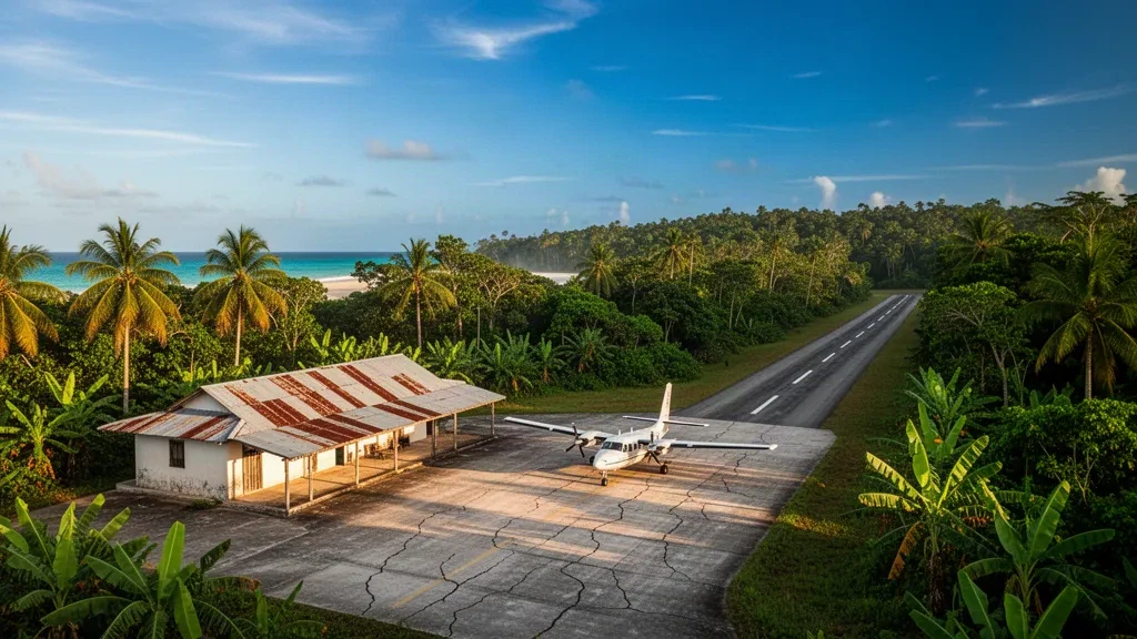 Small tropical airstrip terminal and paved runway framed by jungle palms at Mulatupo Airport in Guna Yala, Panama