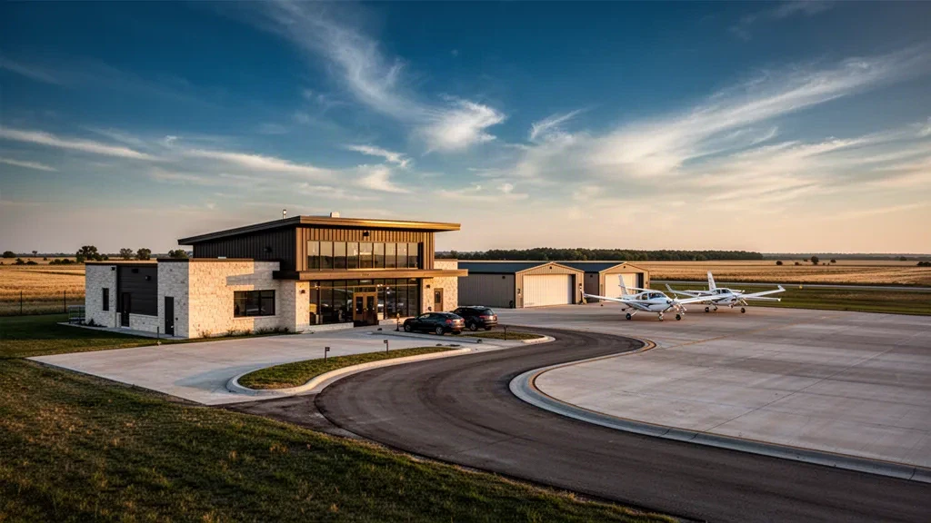 McPherson Airport in Kansas at golden hour, showing its small glass terminal, concrete apron, hangars and light aircraft on the prairie horizon