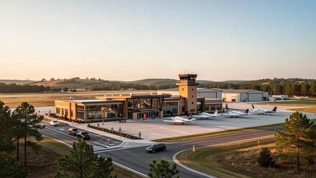 Vue panoramique au coucher du soleil de l'aéroport régional de Mount Pleasant au Texas, montrant un terminal moderne, une tour de contrôle, des hangars et des avions stationnés près d'un dépose-minute propre