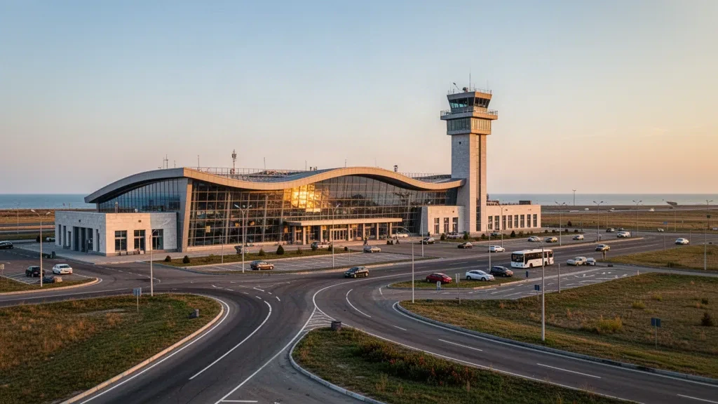 Modern glass terminal exterior at Mariupol International Airport in Ukraine, with access roads and a control tower at golden hour.