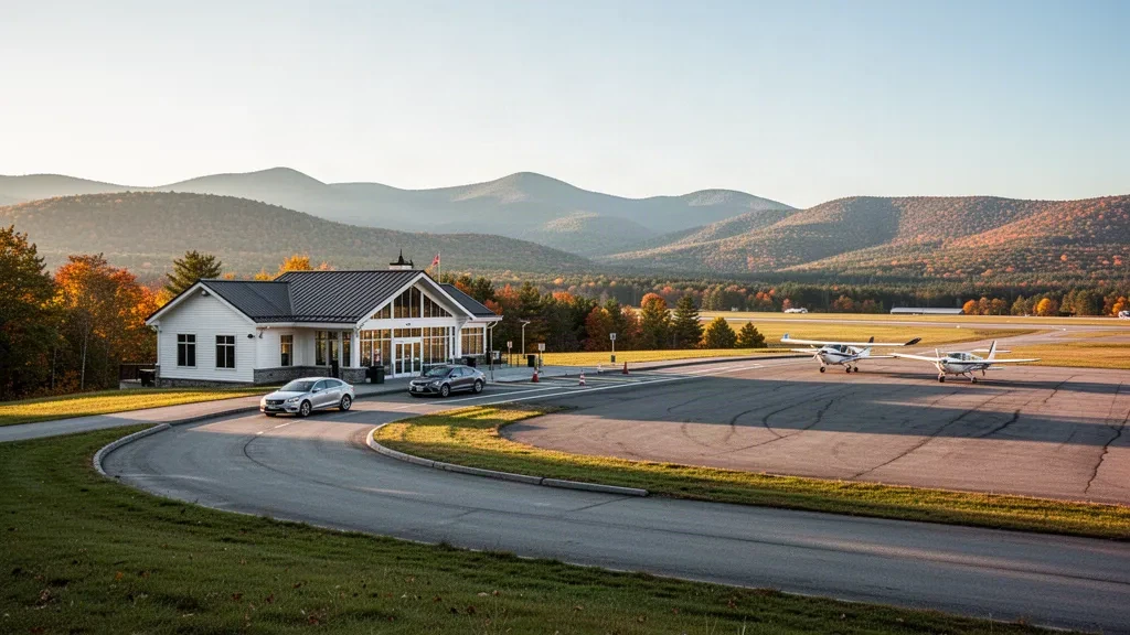 Vermont'taki Edward F. Knapp State Havalimanı'nda küçük bölgesel terminal, apron ve park halindeki hafif uçaklar, altın saatte sonbahar Green Mountains ile çevrili