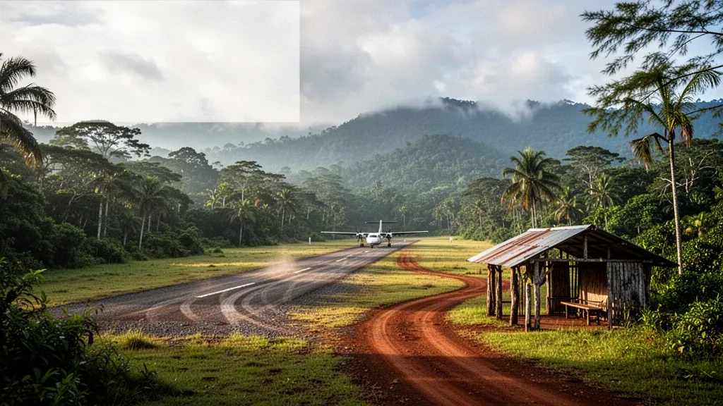 Pista de aterrizaje tropical remota en el Aeropuerto de Miyanmin, en Papúa Nueva Guinea, rodeada de selva tropical, colinas brumosas y una pequeña avioneta utilitaria bajo una suave luz matutina.