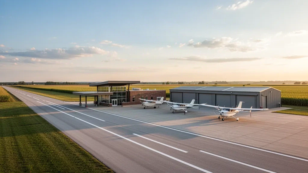 Goldene Stunde am Mount Pleasant Municipal Airport in Iowa, mit Hangars, festgebundenen Leichtflugzeugen und einer Startbahn, die sich über das Farmland erstreckt.