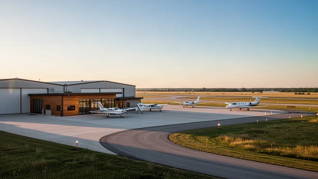 Kleines Terminal, Hangars und Flugzeuge auf dem Vorfeld am Macomb Municipal Airport in Illinois zur goldenen Stunde